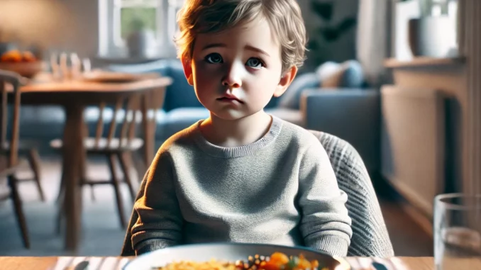 L’enfant face à l’assiette, sans appétit, reflète ce que beaucoup vivent : manger par obligation, non par faim.